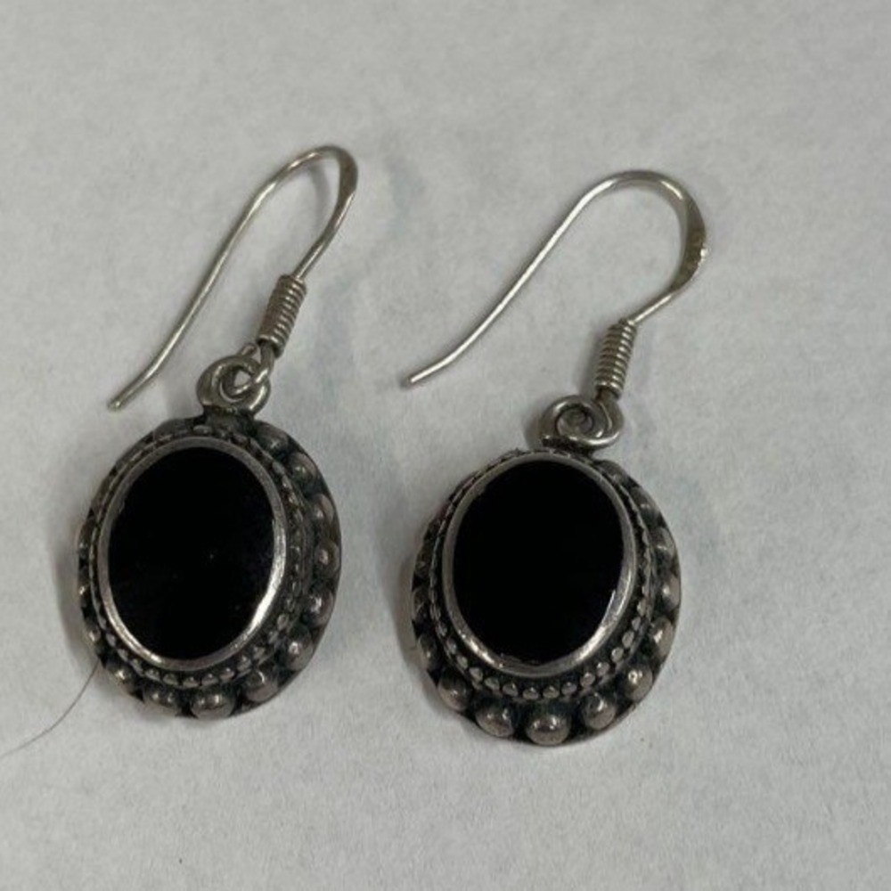 Vintage 925 Sterling Silver Black Onyx Oval Beaded Drop Earrings Boho Southwest